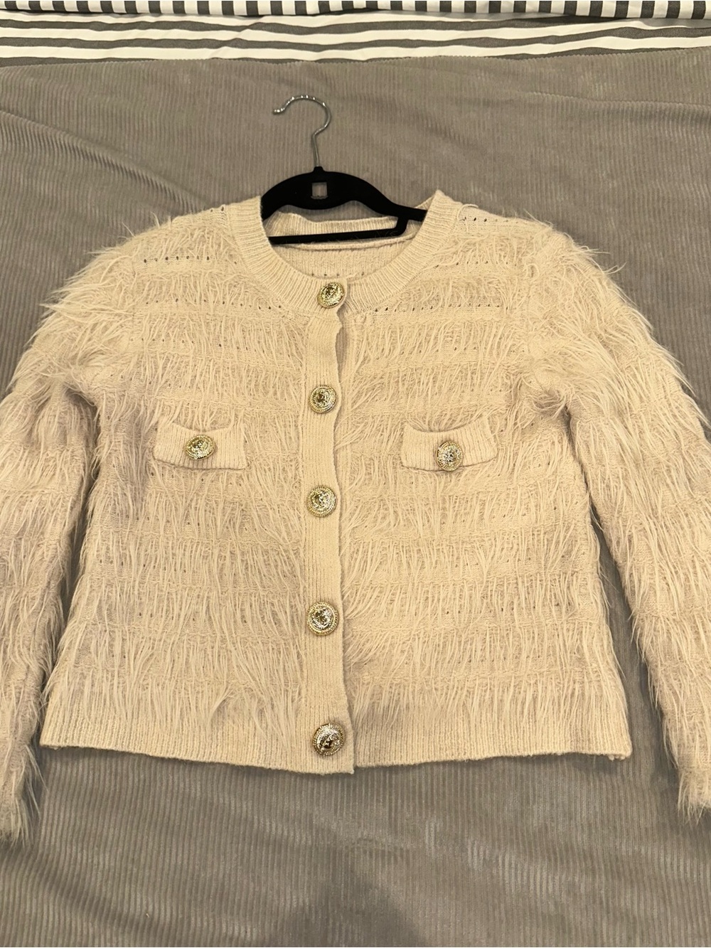 Women's Cream Fringe Button-Front Cardigan Sweater